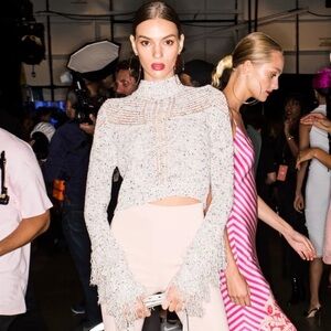 Cushnie Mock Neck Open Knit Fringe Cropped Sweater Runway